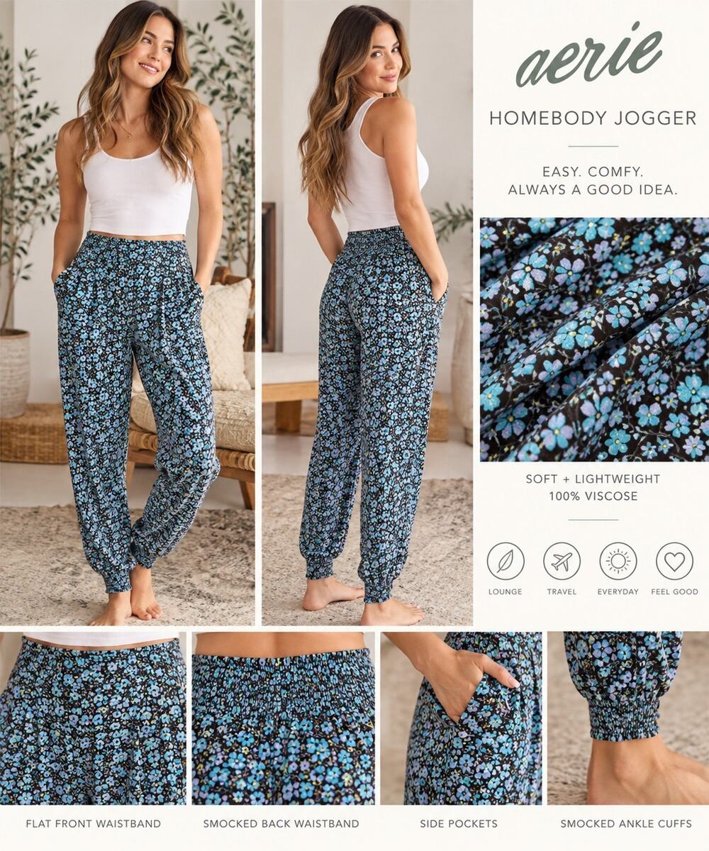 Aerie Homebody Jogger XS Floral Smocked Waist Ankle NWOT